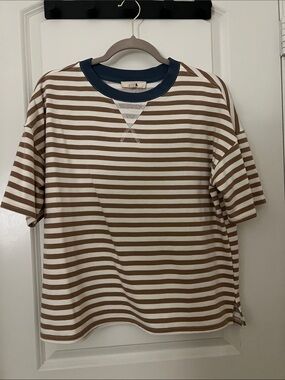 J.O.A. Brown and White Striped Tee with Navy Rib Neck